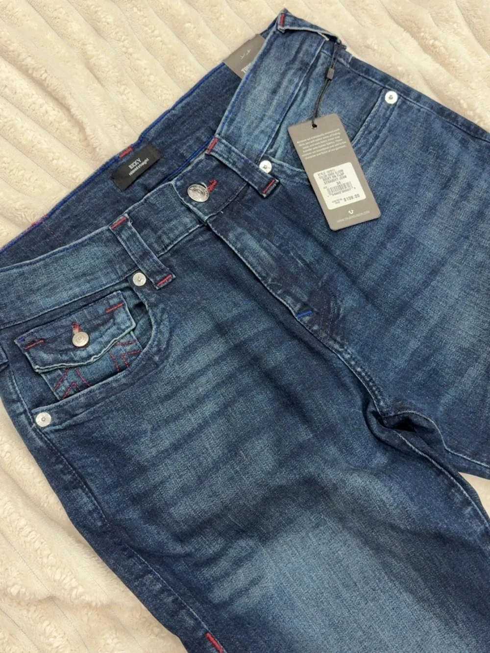 True Religion Men’s dark gloom Denim Jeans with Red Stitching